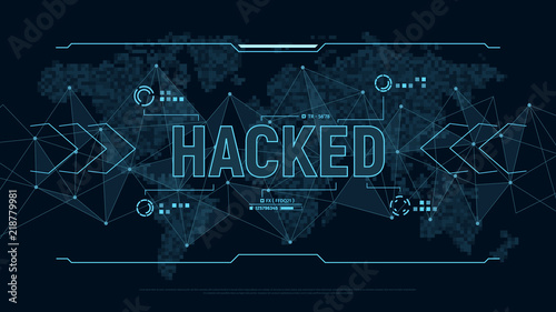 Modern futuristic background "Hacked". Polygons connection structure and world map in pixels in user interface display. Danger for Personal data. Digital cyber security concept. Vector illustration.