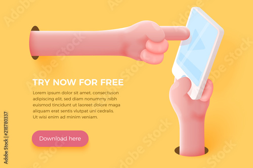 Vector site banner concept - cartoon 3d realistic hand holding cell phone and other hand touch the screen, with place for your text and button. Application landing template.