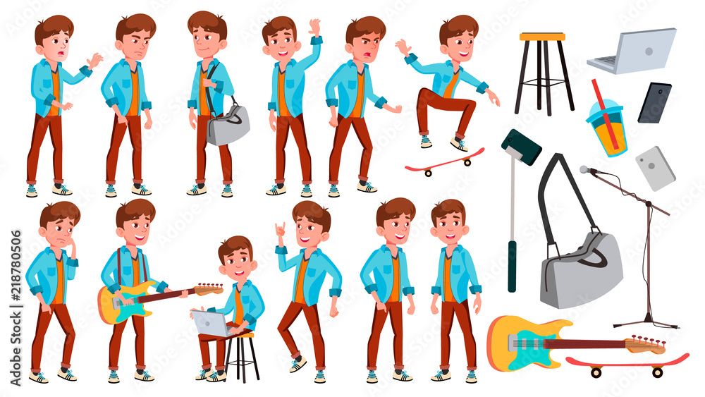 Teen Boy Poses Set Vector. Adult People. Casual. For Advertisement, Greeting, Announcement Design. Isolated Cartoon Illustration