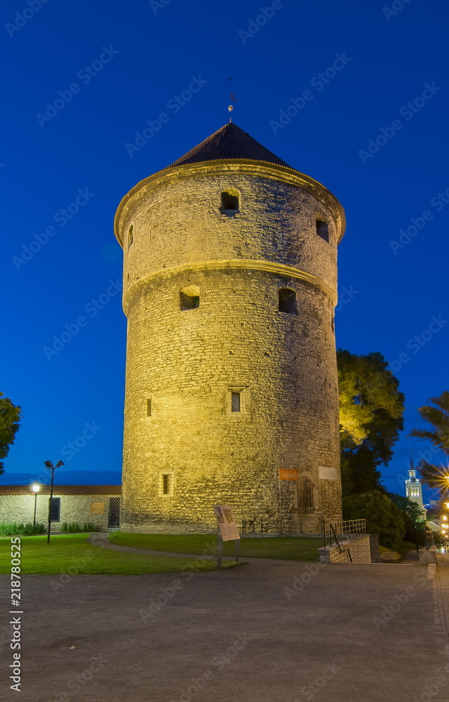 A tower in Walls of Tallinn at night, Estonia