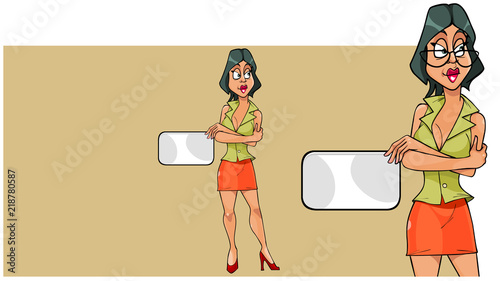 cartoon woman stands with her arms crossed on her chest and shows an empty card
