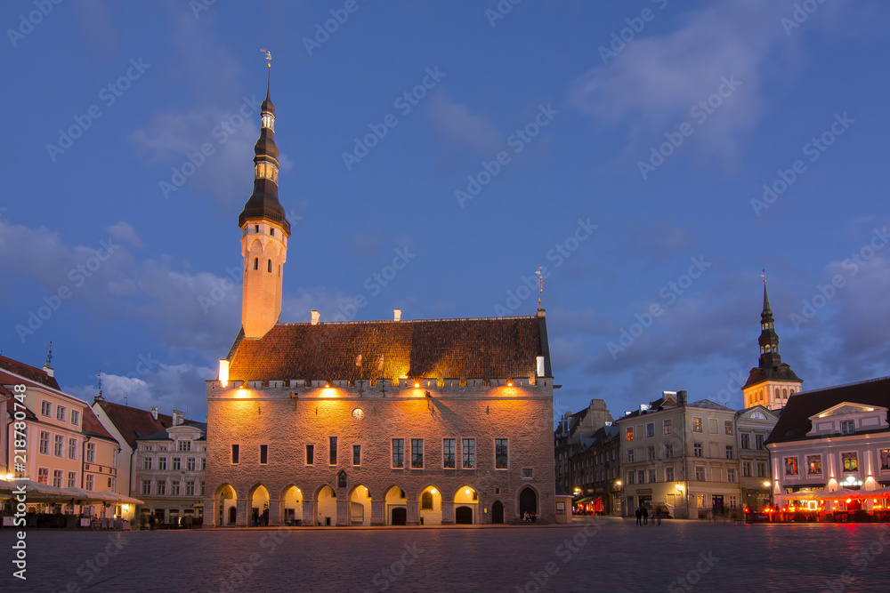 Tallinn City Hall on market square at night, Estonia