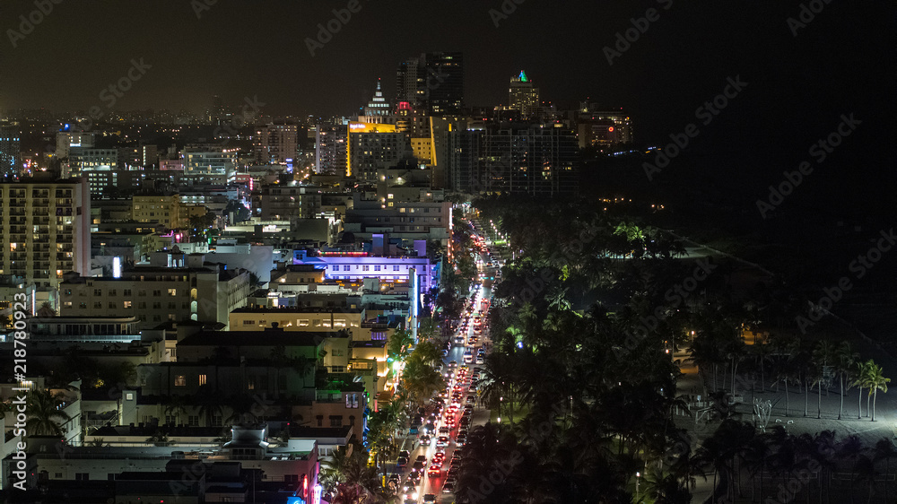 Aerial night photo Miami Beach Ocean Drive neon lights disco clubs Aerial night photo Miami Beach Ocean Drive neon lights disco clubs
