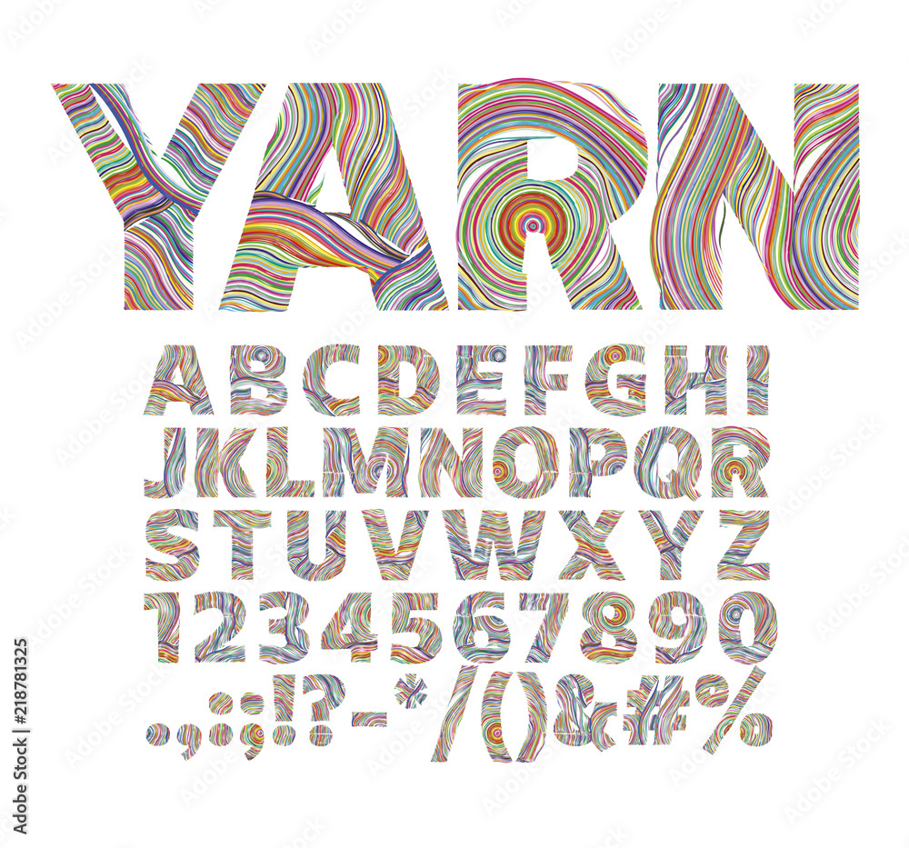 Creative font in the form of yarn threads. For decorative labels on packaging and logos
