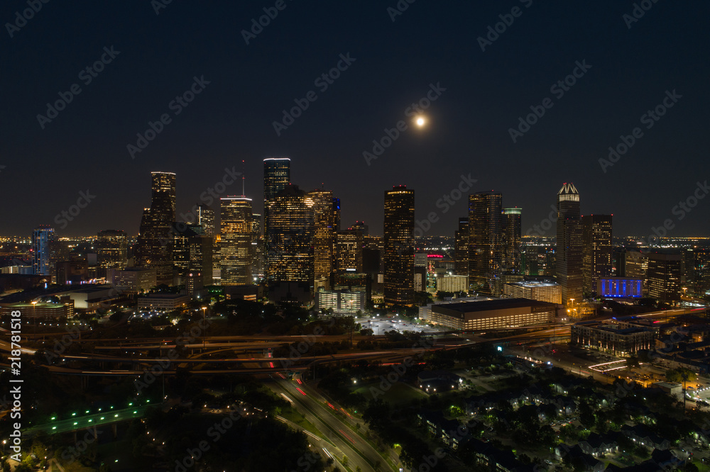 Aerial night photo Downtown Houston Texas