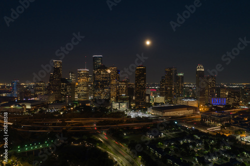 Aerial night photo Downtown Houston Texas