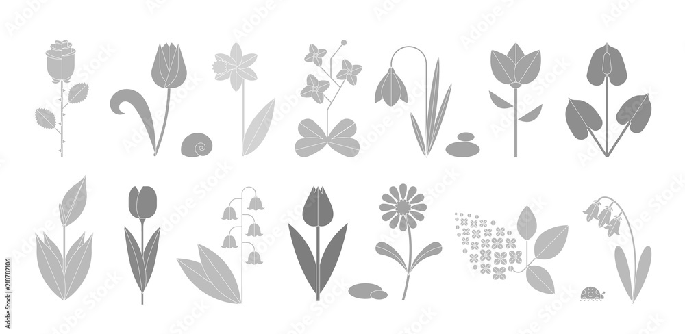Plakat Flower icon set isolated on white. Cute various flowers including rose, tulip, orchid, Espatifilo, bells flowers, Bellis perennis, bulb flowers.