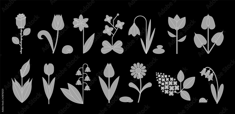 Plakat Flower icon set isolated on black. Cute various flowers including rose, Tulip, orchid, Espatifilo, Bells flowers, Bellis perennis, Bulb flowers.