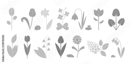 Flower icon set isolated on white. Cute various flowers including rose, tulip, orchid, Espatifilo, bells flowers, Bellis perennis, bulb flowers.