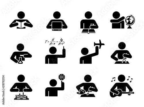 Collection of icons presenting education and different school subjects, science, art, history, geography, chemistry, maths, music, sports. Student in school attending classes. Pictogram icon set.