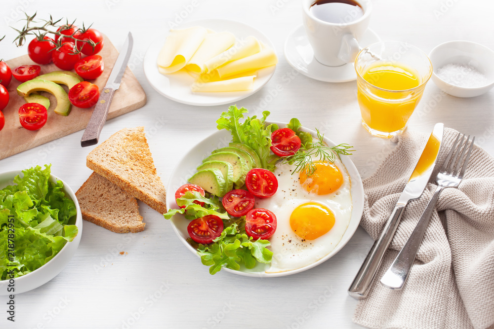healthy breakfast with fried eggs, avocado, tomato, toasts and coffee