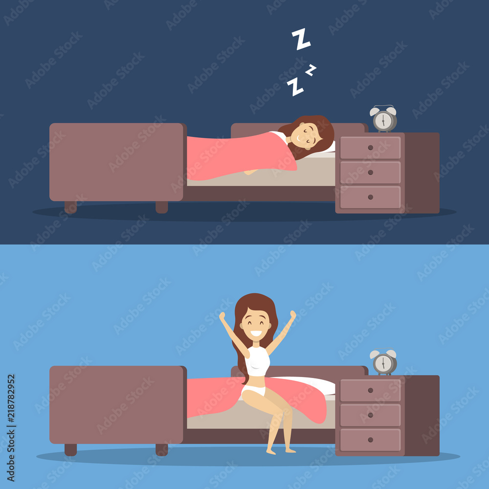 Woman sleeping in bed and waking up