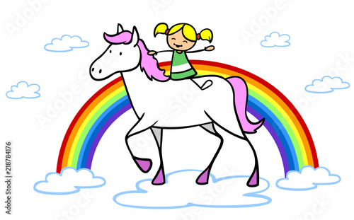 Mädchen reitet auf Pferd am Himmel mit Regenbogen