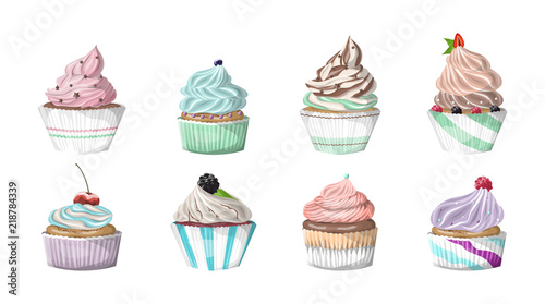 Set of tasty delicious realistic berry cupcakes