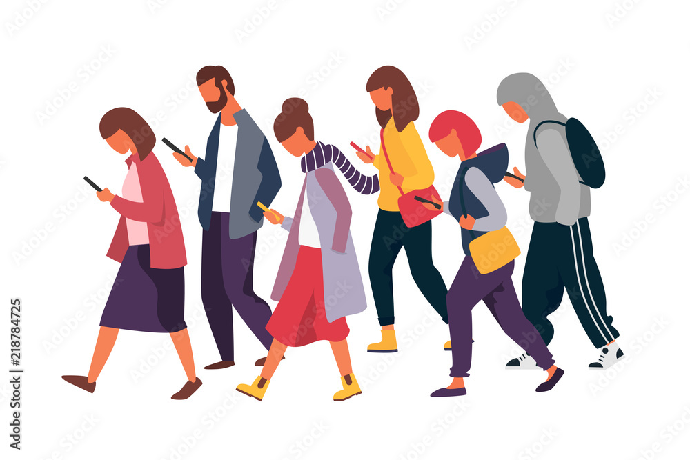 Obraz premium Man and woman characters with mobile phones. Crowd of people holding smartphones. Vector illustration