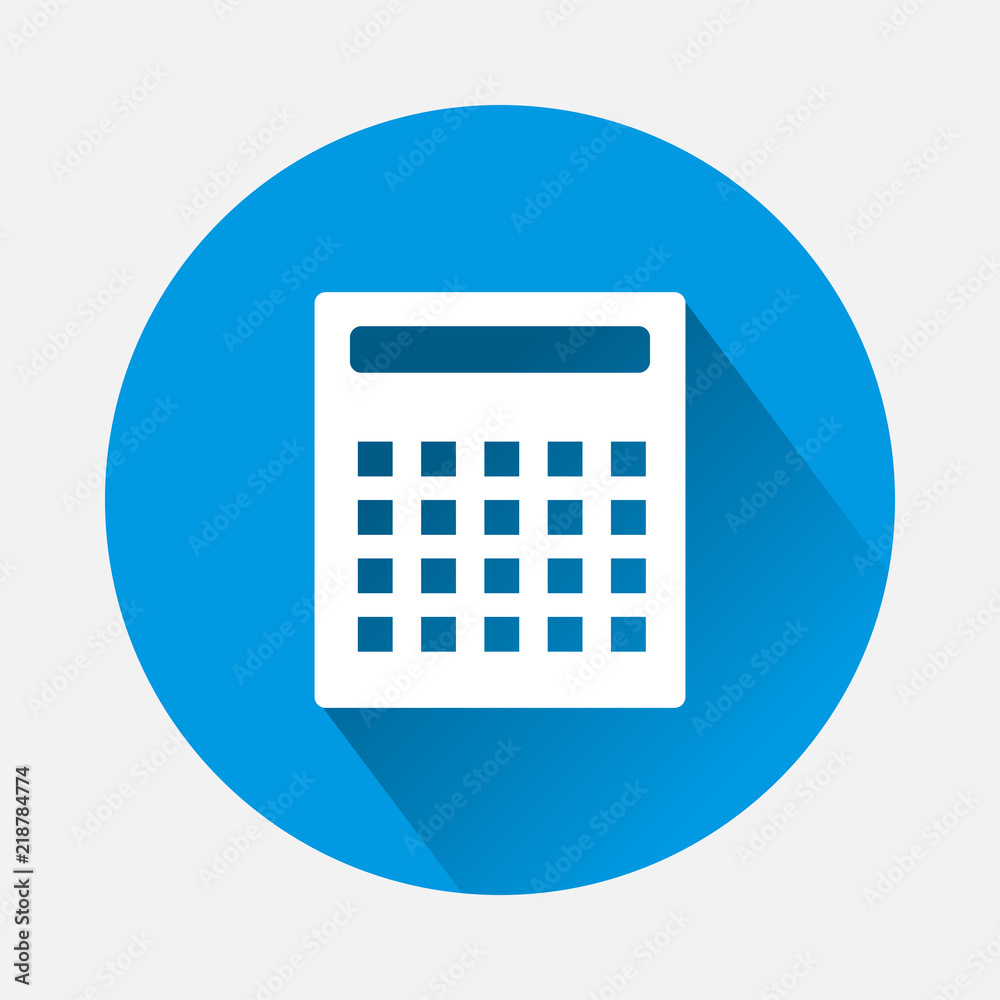 Vector image  calculator on blue background. Flat image calculator with long shadow.  Layers grouped for easy editing illustration. For your design.