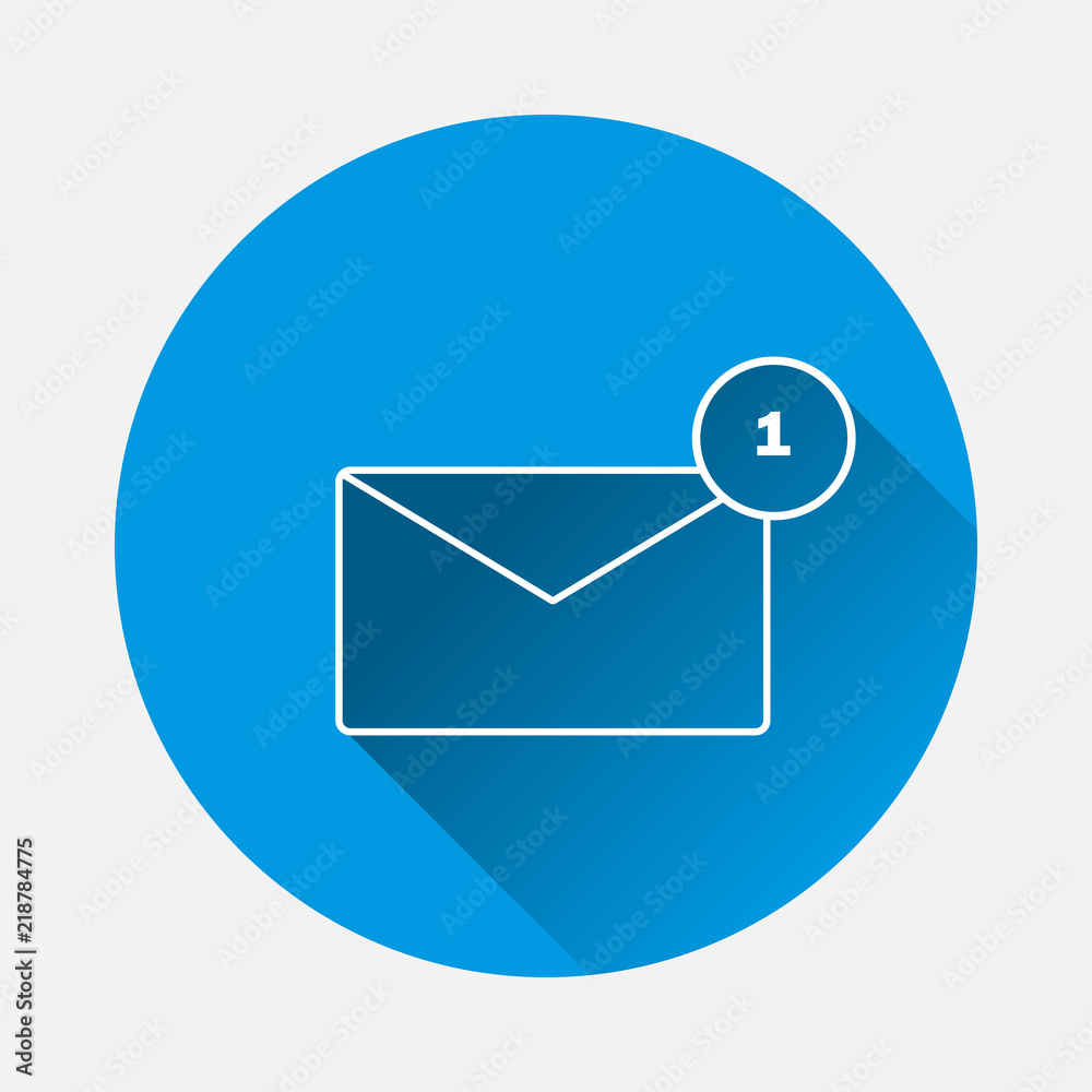 Vector image - message has come. Icon one message, e-mail, sms vector on blue background. Flat image message with long shadow. Layers grouped for easy editing illustration. For your design. Vector image - message has come. Icon one message, e-mail, sms vector on blue background. Flat image message with long shadow. Layers grouped for easy editing illustration. For your design.