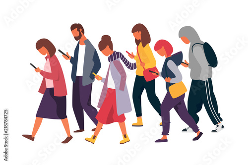 Man and woman characters with mobile phones. Crowd of people holding smartphones. Vector illustration