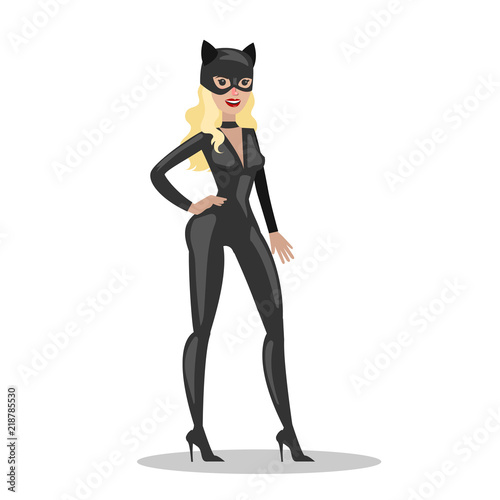 Woman in black cat costume. Sexy halloween outfit