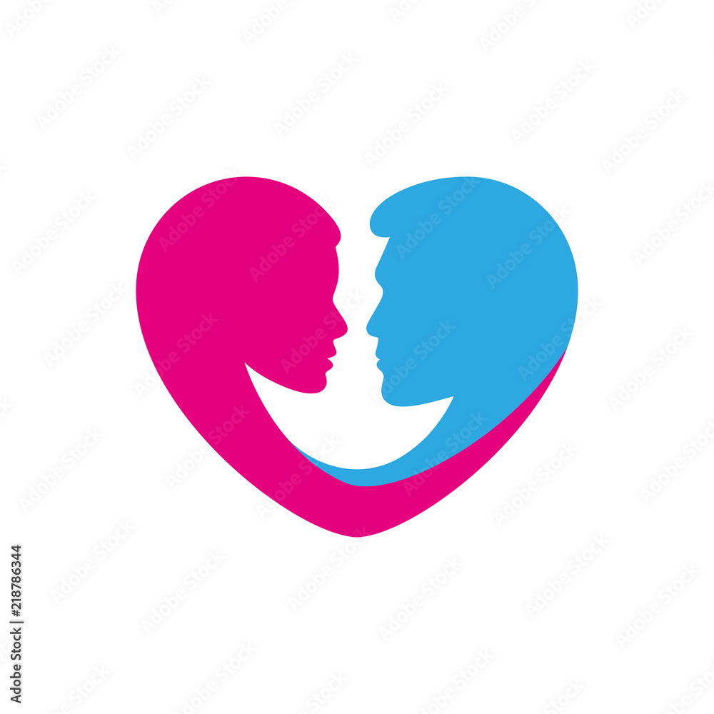 Beautiful romantic female and male silhouette of a head in the form of heart logo template. To marriage agencies, event decoration, weddings and bridal shops. Vector illustration.