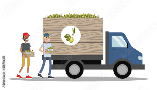 Big truck full of boxes with olive