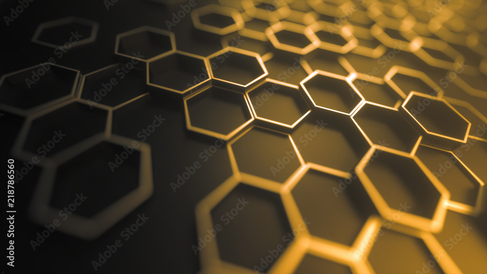 Set of metal hexagons on dark plane. Creative honeycomb geometric structure. Tech pattern of cell elements. Graphic digital concept. Abstract background. 3d rendering Set of metal hexagons on dark plane. Creative honeycomb geometric structure. Tech pattern of cell elements. Graphic digital concept. Abstract background. 3d rendering