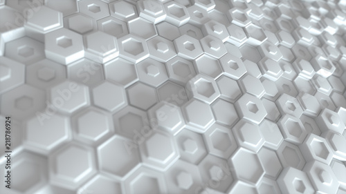 Fototapeta Naklejka Na Ścianę i Meble -  Hexagonal geometric background. Abstract structure of lots of different height hexagons. Creative honeycomb surface. Cell elements pattern. 3d rendering
