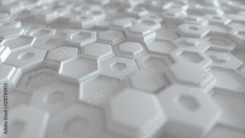 Hexagonal geometric background. Abstract structure of lots of different height hexagons. Creative honeycomb surface. Cell elements pattern. 3d rendering