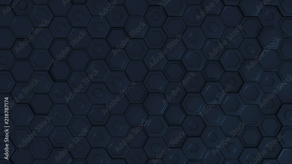 Hexagonal geometric background. Abstract structure of lots of metal hexagons of different height. Creative honeycomb surface with top view. Pattern of cell elements. 3d rendering Hexagonal geometric background. Abstract structure of lots of metal hexagons of different height. Creative honeycomb surface with top view. Pattern of cell elements. 3d rendering
