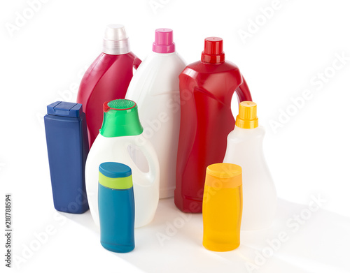 Composition of plastic bottles isolated on white background. 