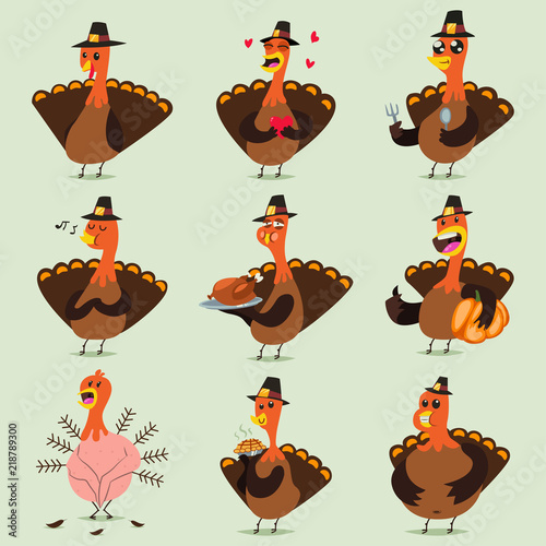 Cute turkey cartoon character set. Vector icons of birds symbol holiday of Thanksgiving Day.