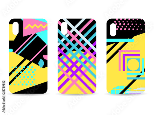 Phone case set. Memphis pattern background. Geometric elements memphis in the style of 80s. Vector illustration