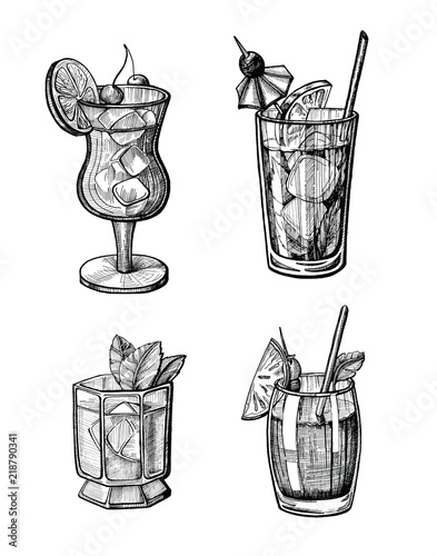 Alcohol cocktail hand drawn illustration set