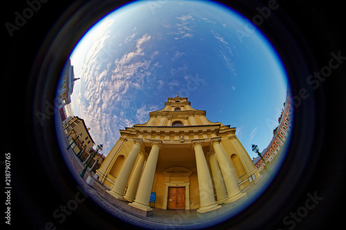Peter and Paul cathedral in Peter and Paul Fortress. Fish eye lens creating a circular super wide angle view.