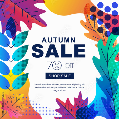 Fall seasonall sale vector square banner with color gradients leaves. Abstract autumn illustration background.