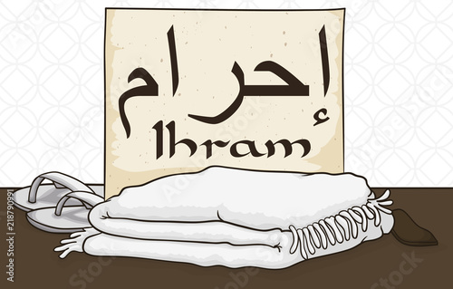 White Ihram Clothes, Sandals, Belt and Scroll to Celebrate Hajj, Vector Illustration photo