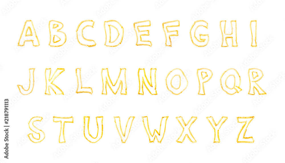 Alphabet made with pieces of fried French fries isolate on white background