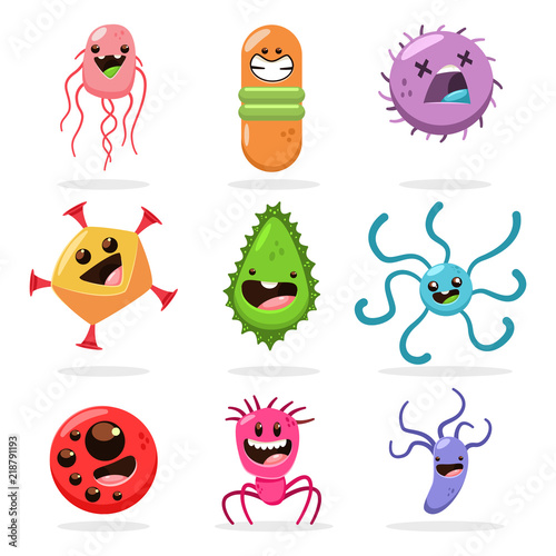 Funny bacteria, virus, germ, microbe and pathogen cartoon character set. Cute vector monster icons with different emotions isolated on white background.