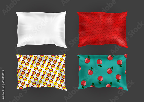 Vector 3d realistic comfortable square pillows in bright pillowcases, different patterns on silk, cotton fabric. Template, mock up of fluffy crumpled cushion for relaxation, sleep, nap, bedding, rest