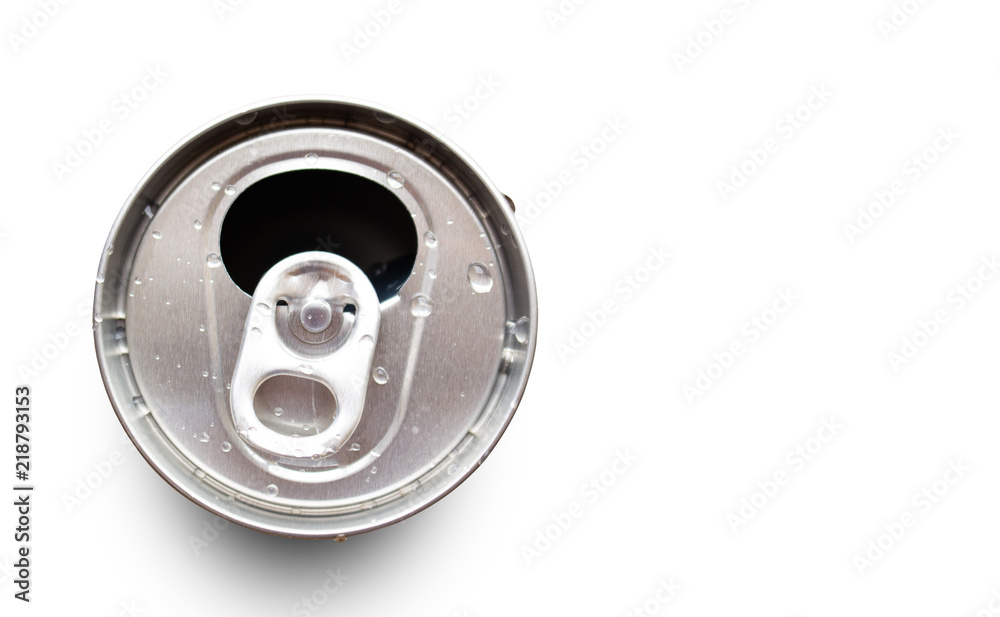 Open empty can top view with water drop close up isolated on white with clipping path Open empty can top view with water drop close up isolated on white with clipping path