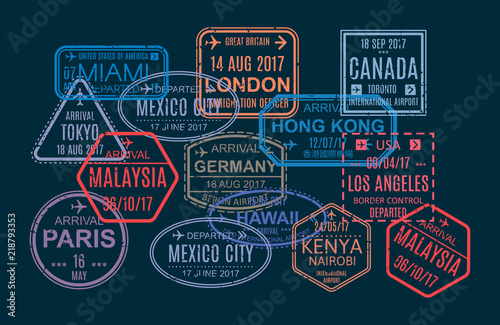 Set of stamp, printing, marks in foreign passport for travel.
