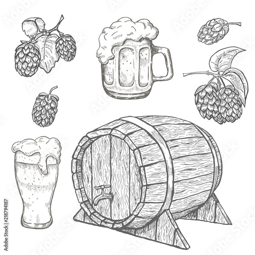 Sketches of hop plant, wood barrel and beer mugs