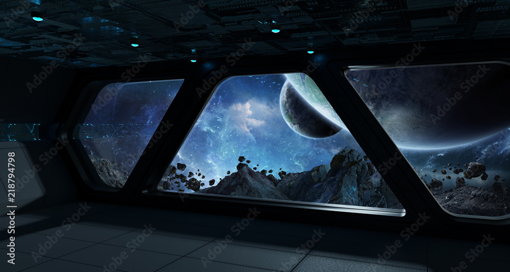 Fototapeta premium Spaceship futuristic interior with view on exoplanet