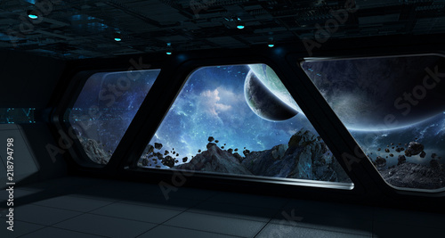 Spaceship futuristic interior with view on exoplanet