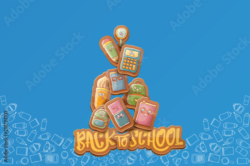 Back to school vector horizntal background template or banner with funny cartoon supplies like pencil ,book, bag, eraser and space for text. Vector back to school label © zmiter