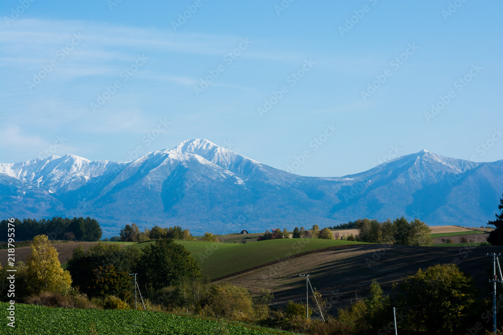 秋の丘陵地帯と冠雪の山並み　十勝岳連峰