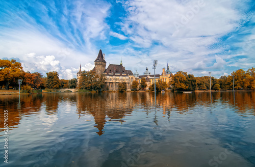 Scenic view of Vajdahunyad Castle reflected in the lake under the picturesque sky in main City Park  Budapest  Hungary