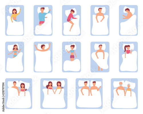 Different Sleeping Poses Set. Vector illustration of young cartoon flat man sleep composition, in pillow top view in bed, different position