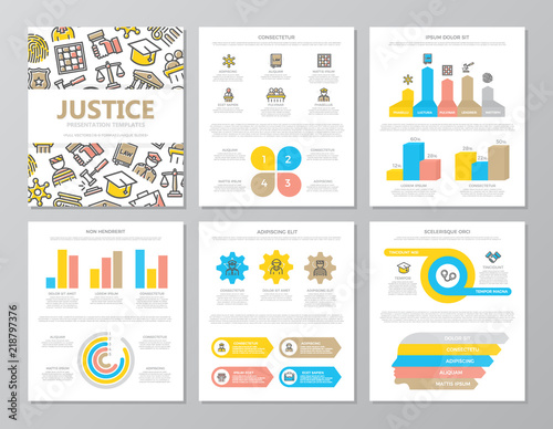 Set of colored crime, law, police and justice elements for multipurpose a4 presentation template slides with graphs and charts. Leaflet, corporate report, marketing, advertising, book cover design.