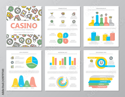 Set of colored gambling and casino elements for multipurpose a4 presentation template slides with graphs and charts. Leaflet, corporate report, marketing, advertising, book cover design.